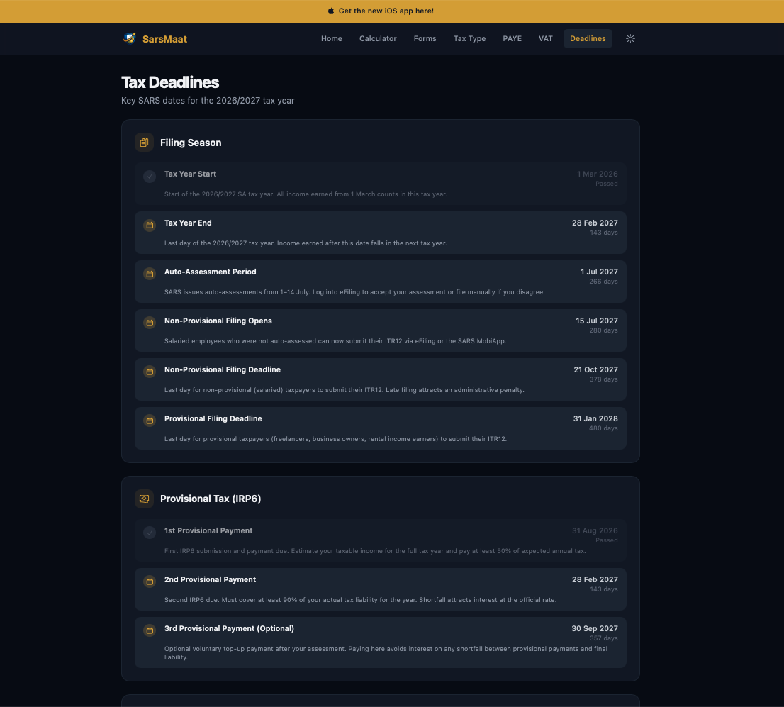 SarsMaat web app: Tax Deadlines